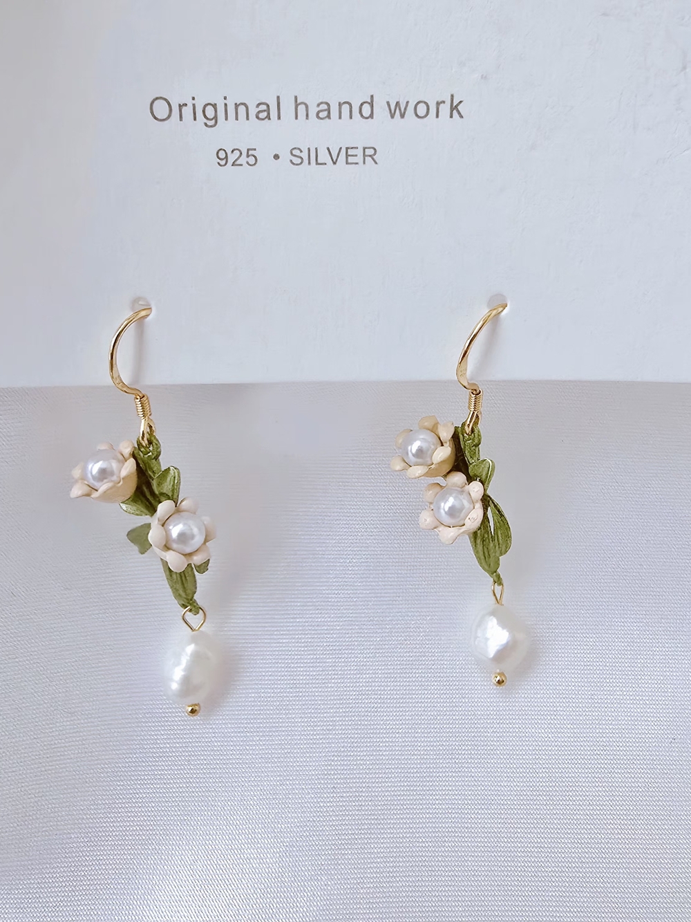 925 Silver Dangle, Delicate Pearl & Green Leaf Floral Drop Earrings - Cream - Picture 3 of 5
